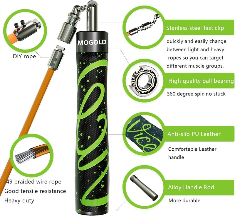MOGOLD Weighted Jump Rope for Men Women -Interchangeable 1/5lb 1/4lb 1/2lb Heavy jump ropes - 360 Degree Spin - Length Adjustable,Ergonomics Leather Grip Skipping Rope for Fitness Weight Loss & More - Image 2